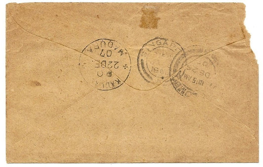 Starits Settlements Singapore UNRECORDED postage due hs on 1907 cover from India