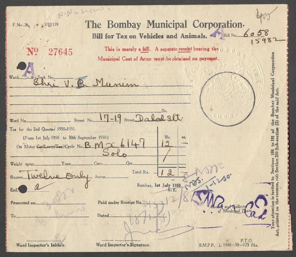AOP India 1950 2nd Q Bombay Municipal Corp BILL FOR TAX ON VEHICLES AND ANIMALS