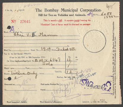 AOP India 1950 2nd Q Bombay Municipal Corp BILL FOR TAX ON VEHICLES AND ANIMALS