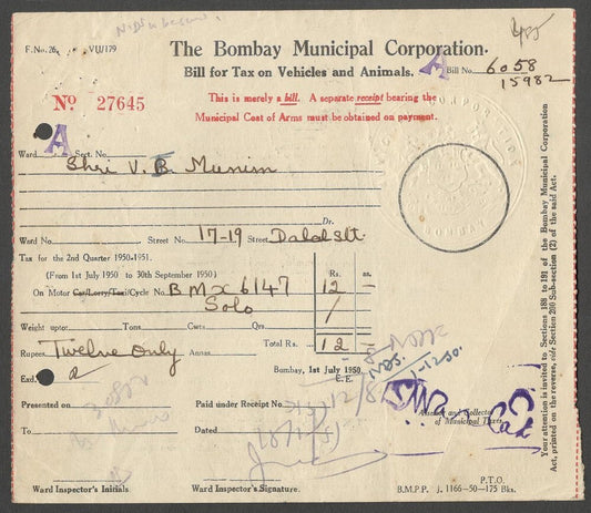 AOP India 1950 2nd Q Bombay Municipal Corp BILL FOR TAX ON VEHICLES AND ANIMALS