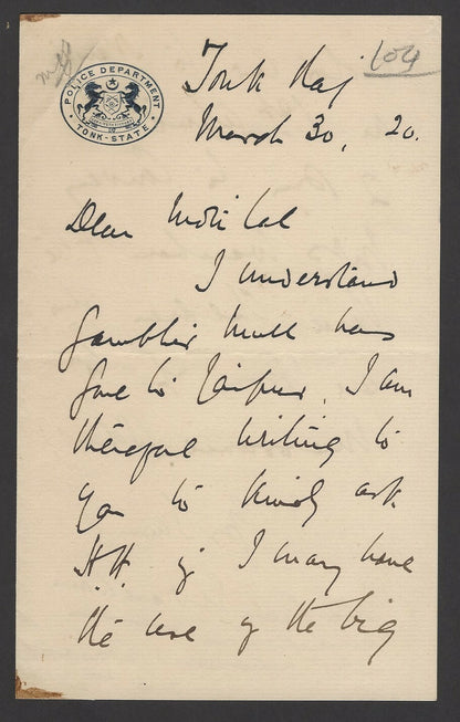 India 1920 crested letterhead POLICE DEPARTMENT TONK STATE