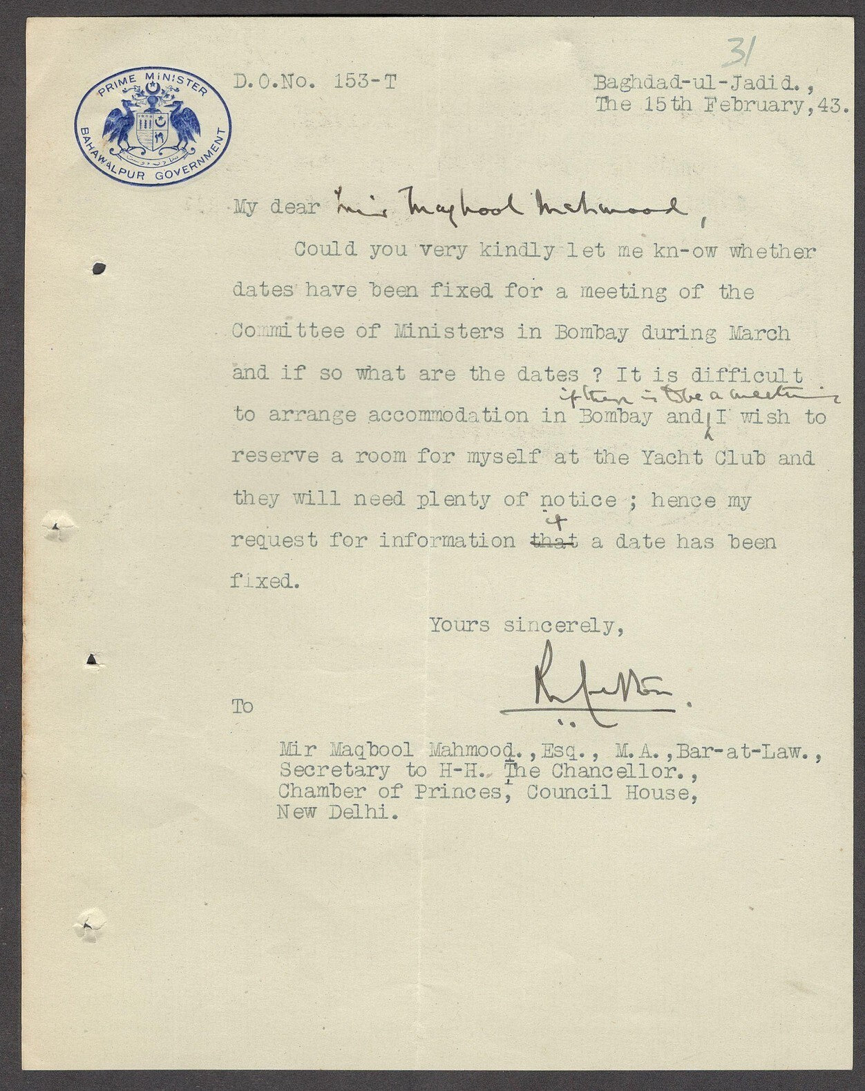 India 1943 crested letter PRIME MINISTER BAHAWALPUR GOVERNMENT signed