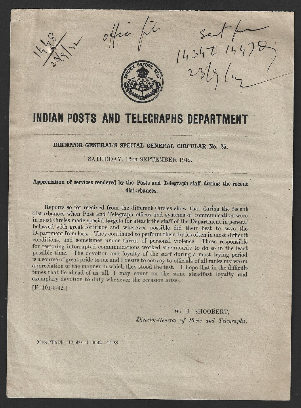 India POSTAL CIRCULAR No. 25 12th Sep. 1942 Recent Disturbances