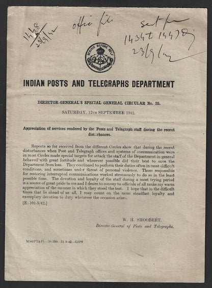 India POSTAL CIRCULAR No. 25 12th Sep. 1942 Recent Disturbances