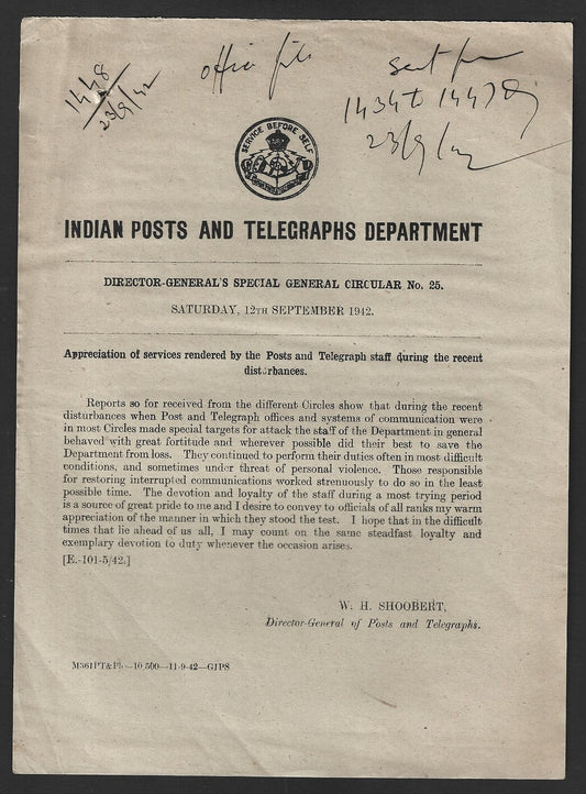 India POSTAL CIRCULAR No. 25 12th Sep. 1942 Recent Disturbances