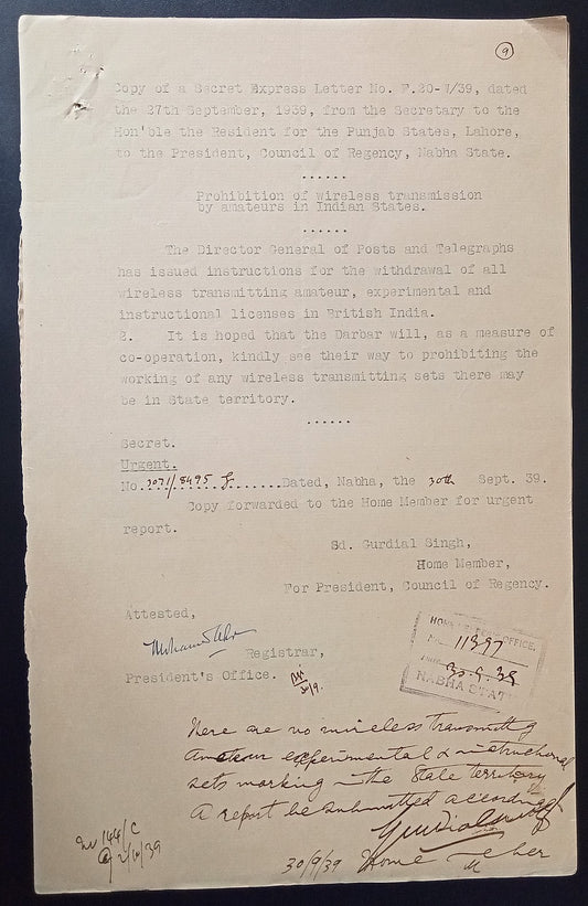 British India 1939 Order Prohibiting WIRELESS TRANSMISSION by Amateurs