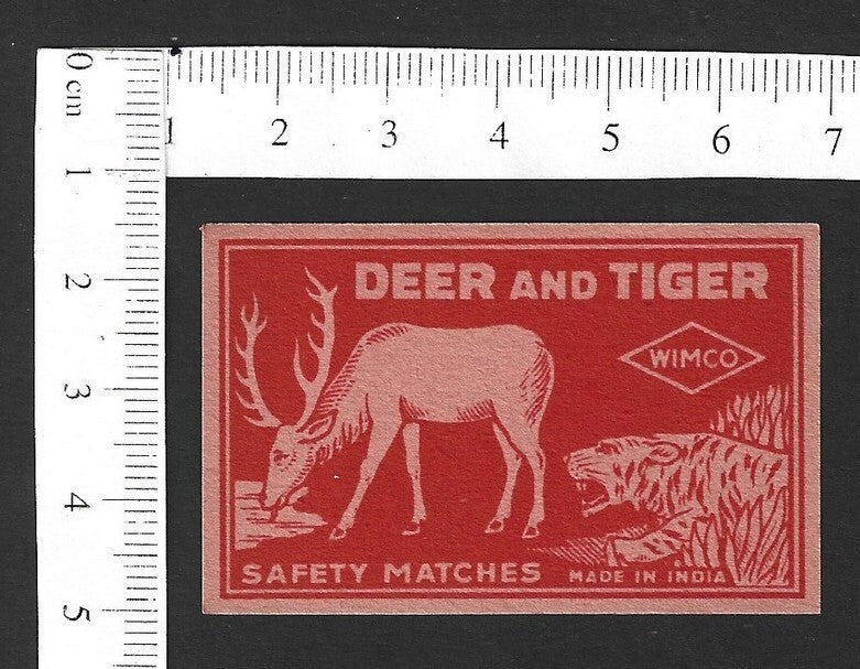 India vintage WIMCO matchbox label - DEER AND TIGER
