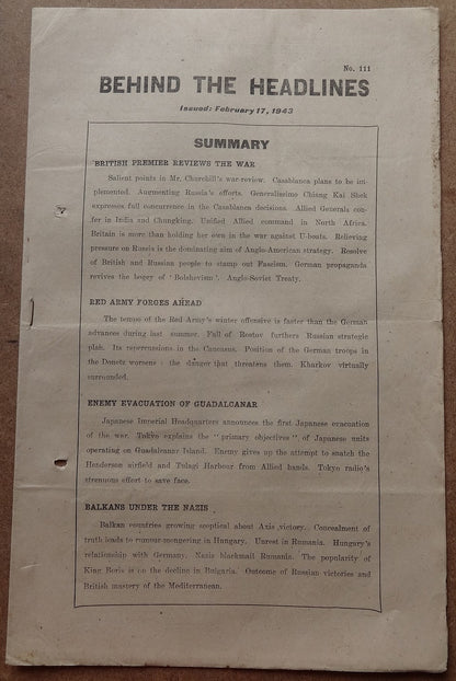 India WW2 Propaganda rag BEHIND THE HEADLINES 1944 RED ARMY FORGES AHEAD 8pgs