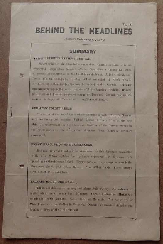 India WW2 Propaganda rag BEHIND THE HEADLINES 1944 RED ARMY FORGES AHEAD 8pgs