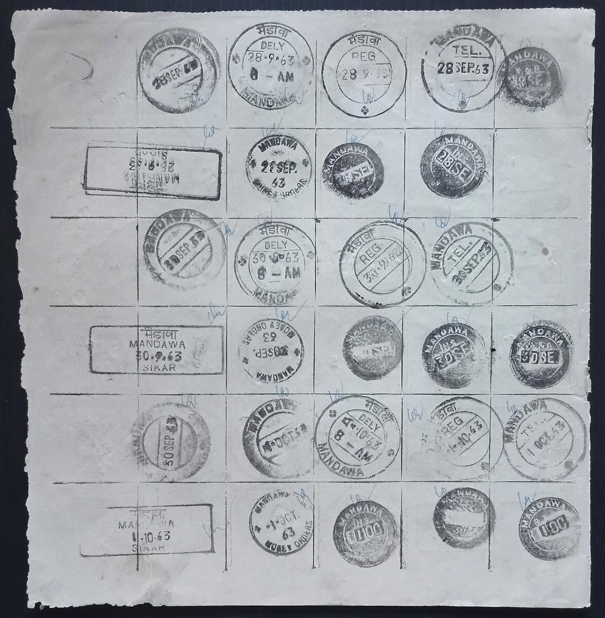 India 1955-67 Post Office daily postmark proof impression sheets (24)