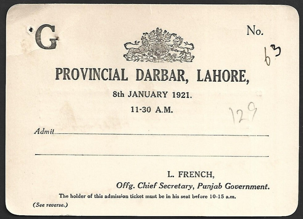 Duke of Connaught INDIA VISIT 1921 PROVINCIAL DURBAR, Lahore crested pass unused