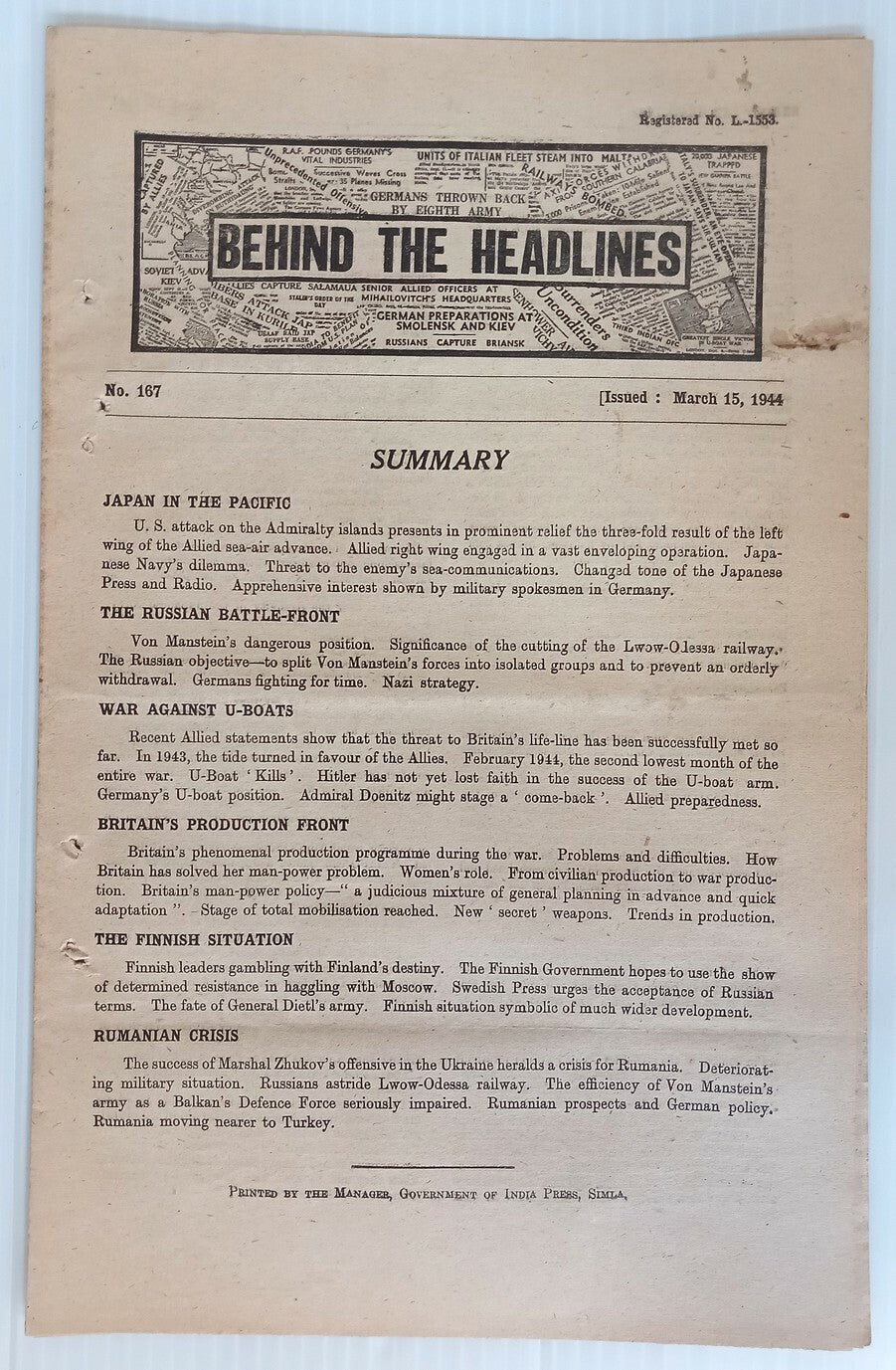 AOP India 1944 WW2 Propaganda rag BEHIND THE HEADLINES WAR AGAINST U-BOATS 8pgs
