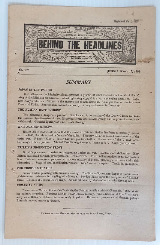 AOP India 1944 WW2 Propaganda rag BEHIND THE HEADLINES WAR AGAINST U-BOATS 8pgs