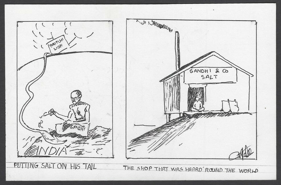 India hand drawn (ink) postcard Gandhi Putting Salt on a British Lions Tail