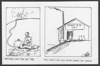 India hand drawn (ink) postcard Gandhi Putting Salt on a British Lions Tail