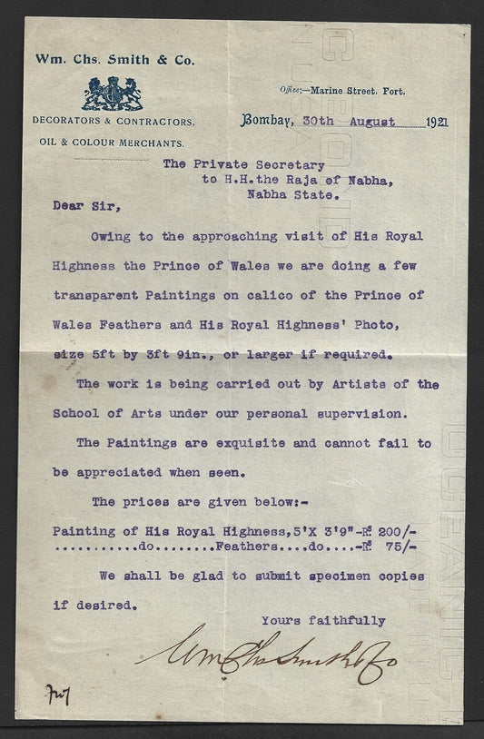India 1921 PRINCE OF WALES visit letter about painting his feathers