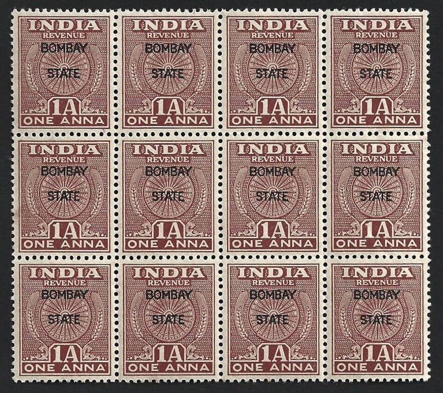 India 1948 revenue 1a block of 12 overprinted BOMBAY STATE MNH
