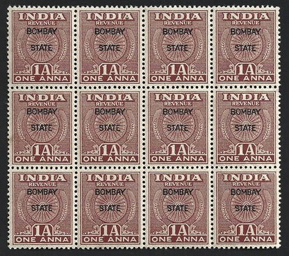 India 1948 revenue 1a block of 12 overprinted BOMBAY STATE MNH