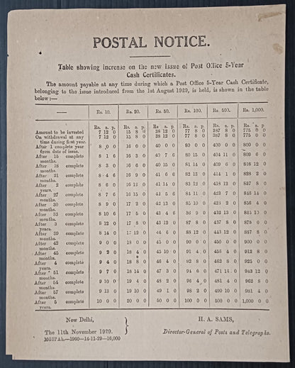 India 1929 POSTAL NOTICE + CIRCULAR Post Office 5-Year ash Certificates