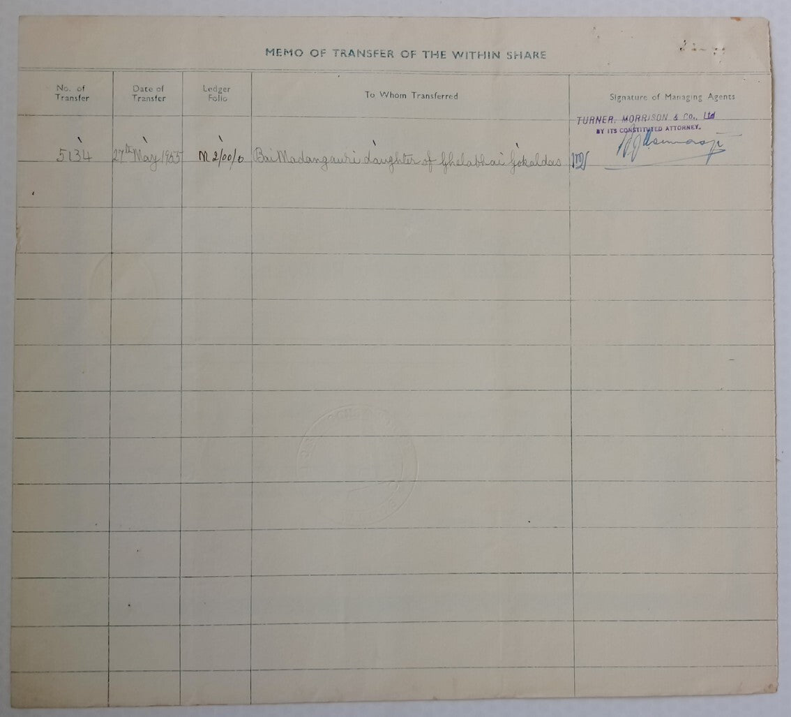 (AOP) India share certificate - 1954 ALCOCK, ASHDOWN & CO. LTD.