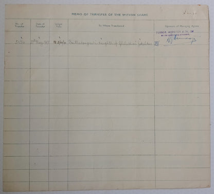 (AOP) India share certificate - 1954 ALCOCK, ASHDOWN & CO. LTD.