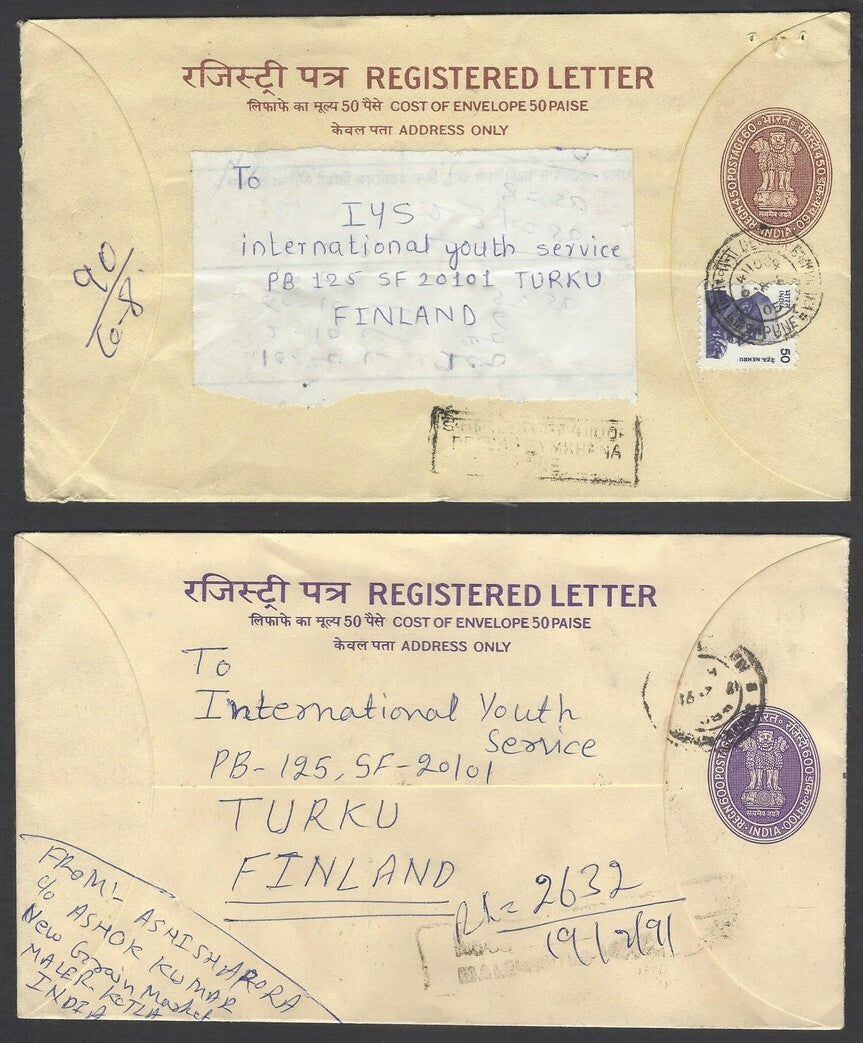 India 8 different registered envelope uprated & used to Finland (8)