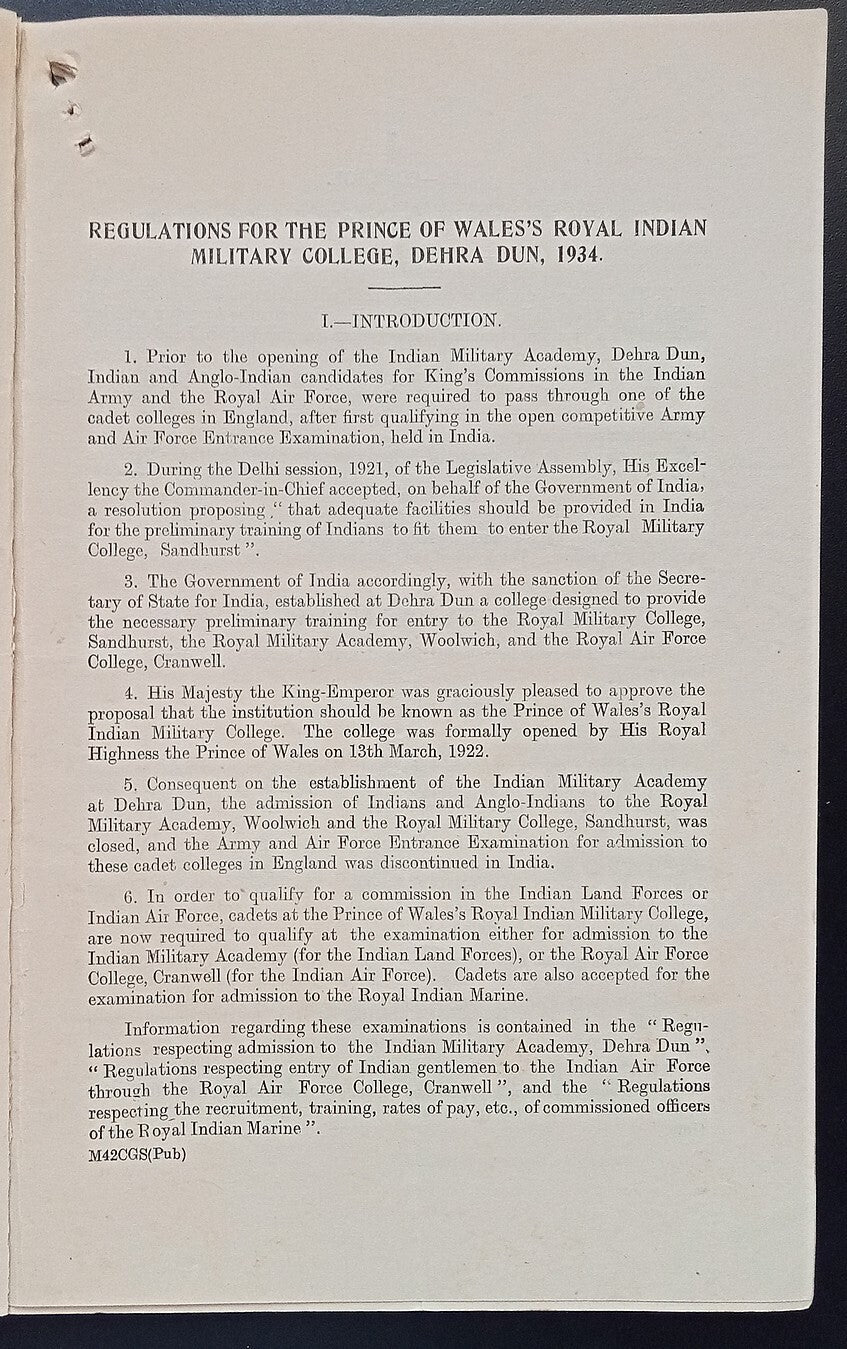 India 1934 REGULATIONS for PRINCE OF WALES ROYAL MILITARY INDIAN COLLEGE D Dun
