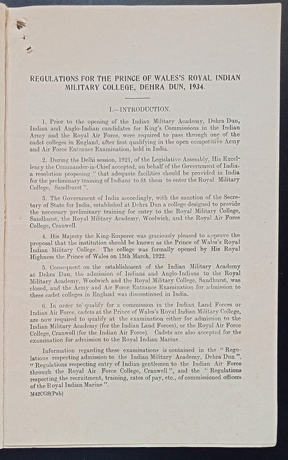 India 1934 REGULATIONS for PRINCE OF WALES ROYAL MILITARY INDIAN COLLEGE D Dun