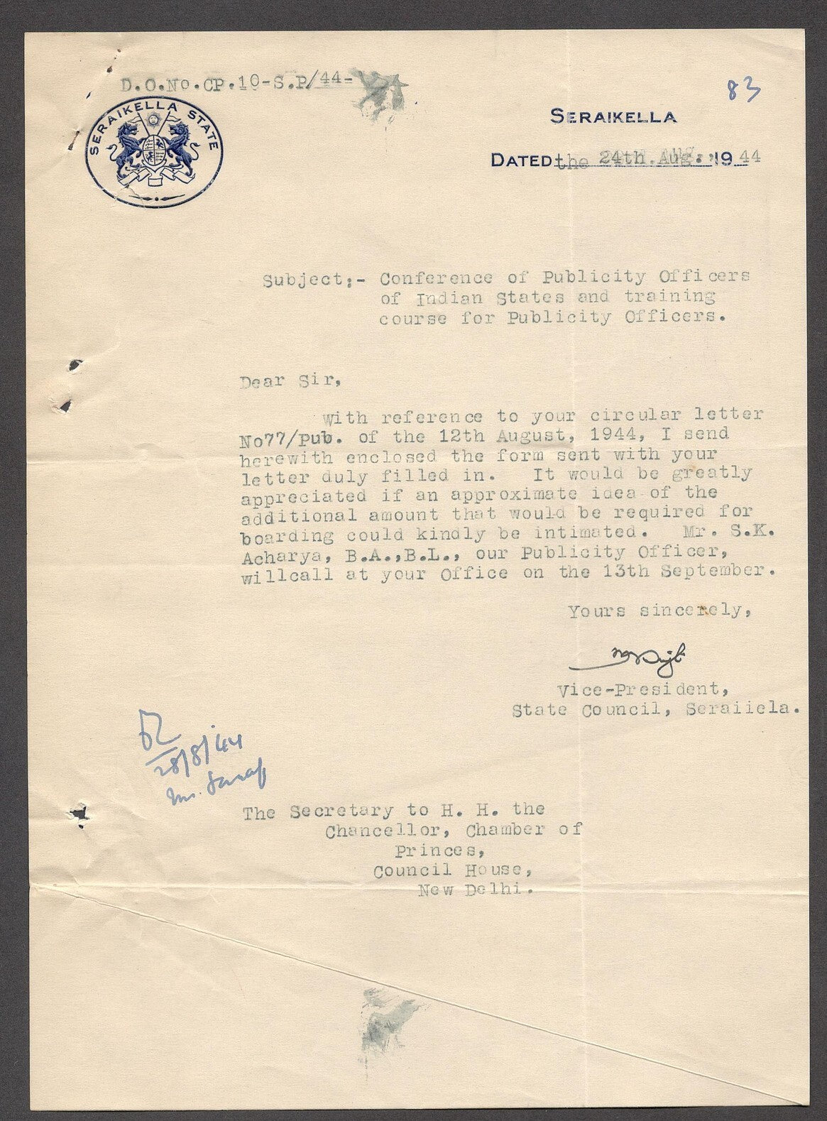 India 1944 crested letter SERAIKELLA STATE signed Vice-President