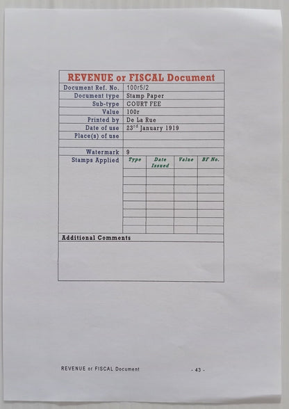 AOP India KGV 1913 100R stamp paper