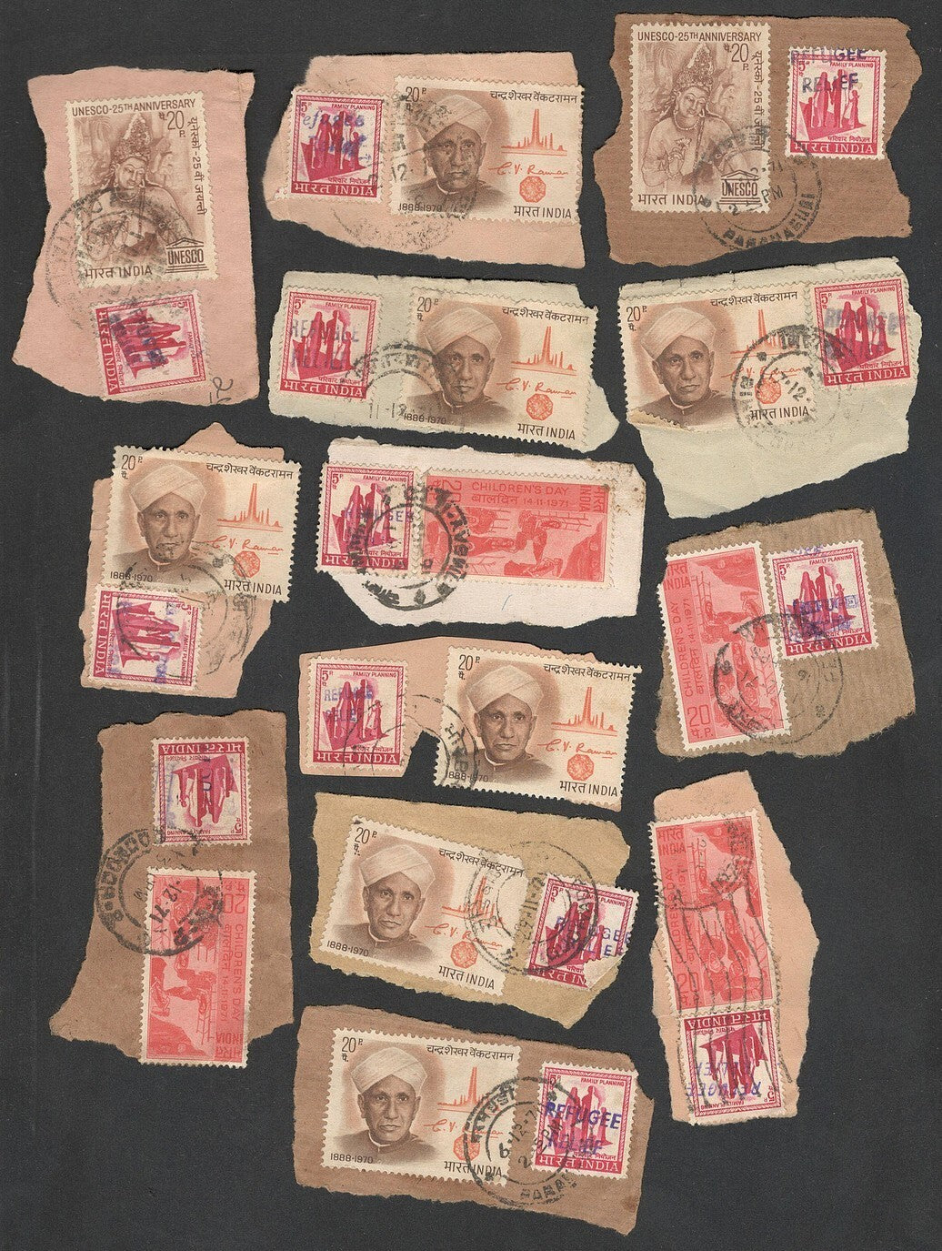 India 1971 Refugee Relief rubberstamp ovpts on pieces 19 pic LARGE COLLECTION