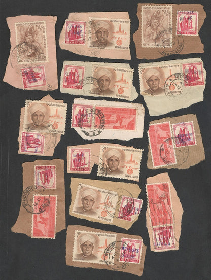 India 1971 Refugee Relief rubberstamp ovpts on pieces 19 pic LARGE COLLECTION