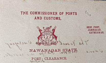 India Navlakhi Port, Morvi 1932 outgoing ship Port Clearance S.S. MUNDRA