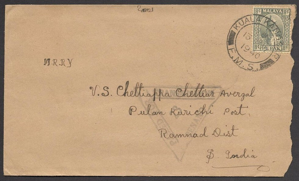Malaya Perak 1940 censored cover Kuala Kangsar to India