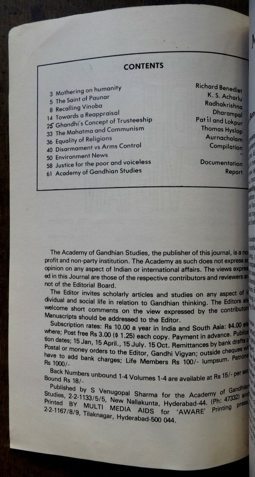 Gandhi Vigyan by Academy of Gandhian Studies Jan 1983 issue 64pgs India
