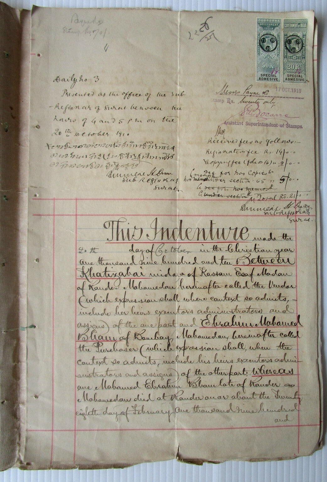 India 1910 Assignment document with Special Adhesive KEdVII 20R, 50R