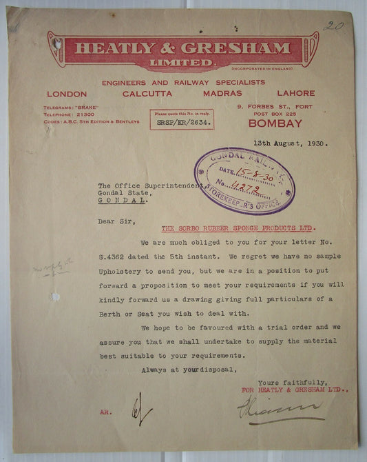 India 1930 Heatly & Gresham Railway Specialists Letterhead