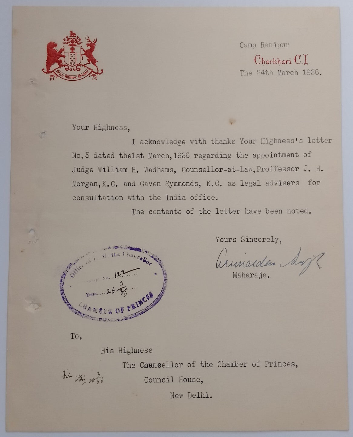 CHARKARI STATE India 1936 crested letter signed Maharaja Arimardan Singh