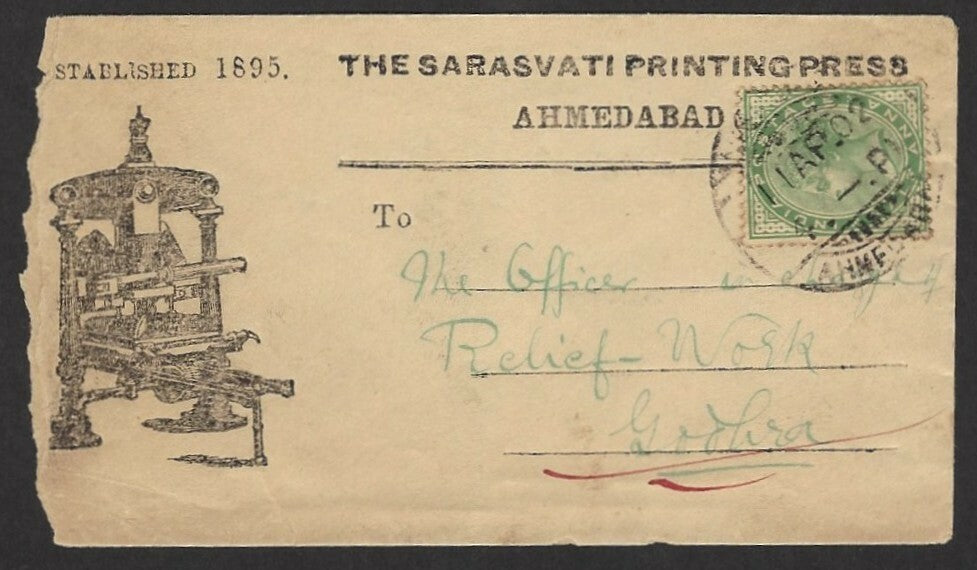 India QV 1902 Saraswati Printing Press advertisement cover to Godhra