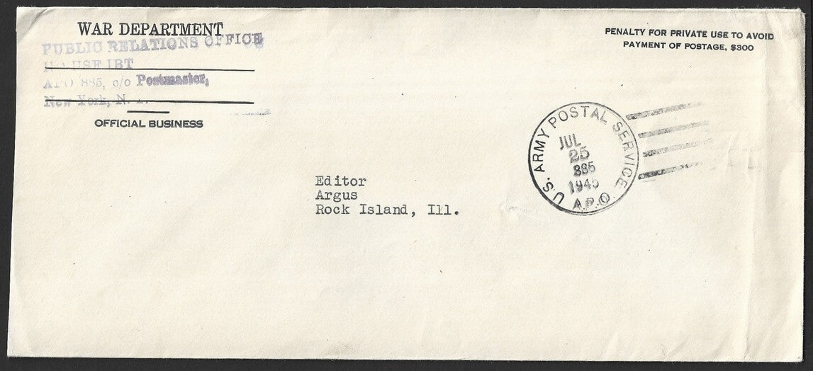 US WW2 APO 885 New Delhi, India 1945 penalty envelope