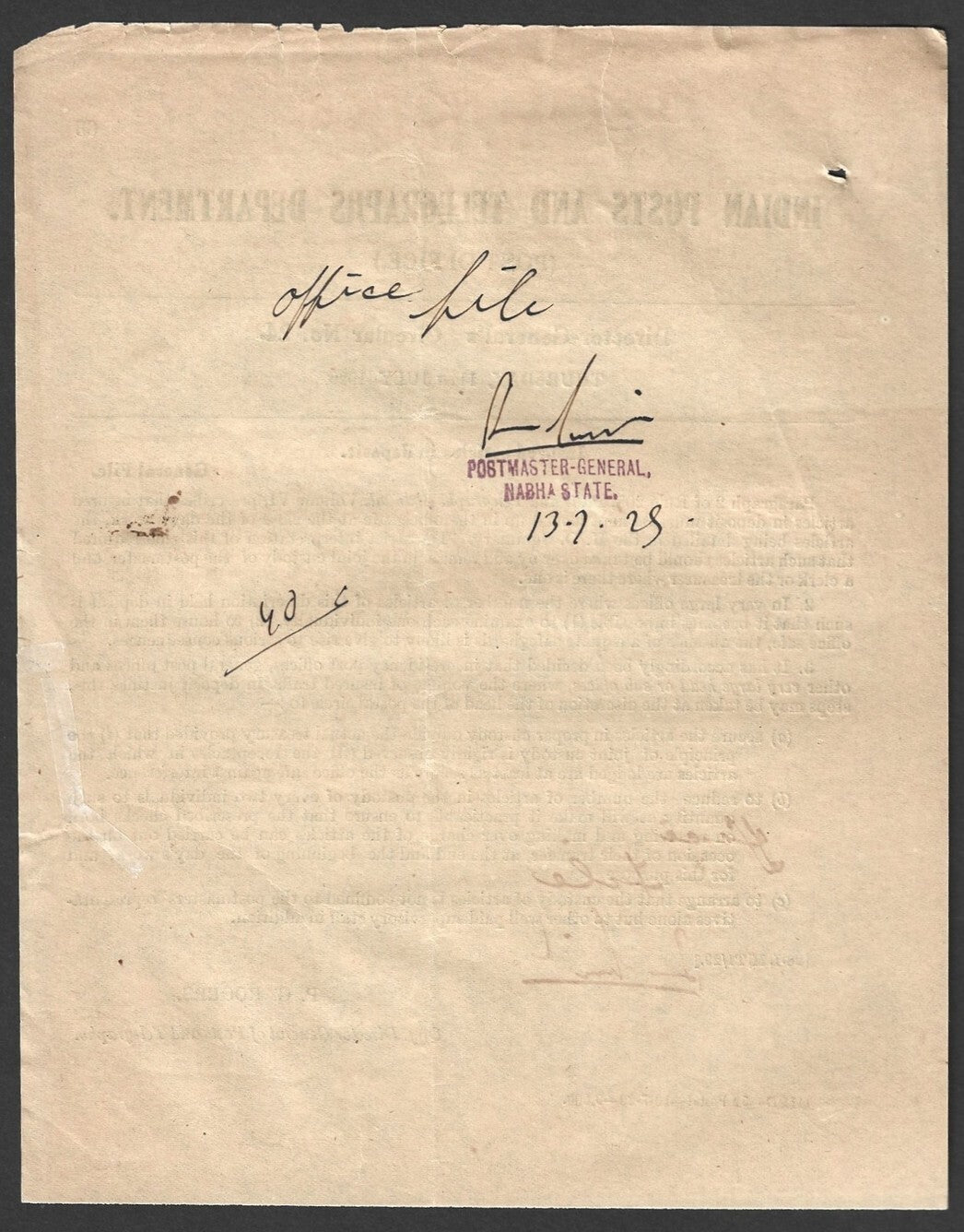 India 1929 DG'S POSTAL CIRCULAR Insured articles in deposit