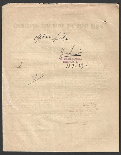 India 1929 DG'S POSTAL CIRCULAR Insured articles in deposit