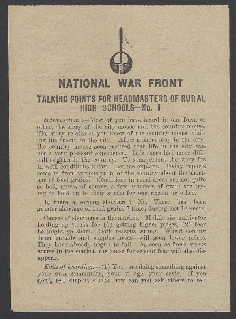 India WW2 National War Front Propaganda leaflet Talking Points for Rural Schools