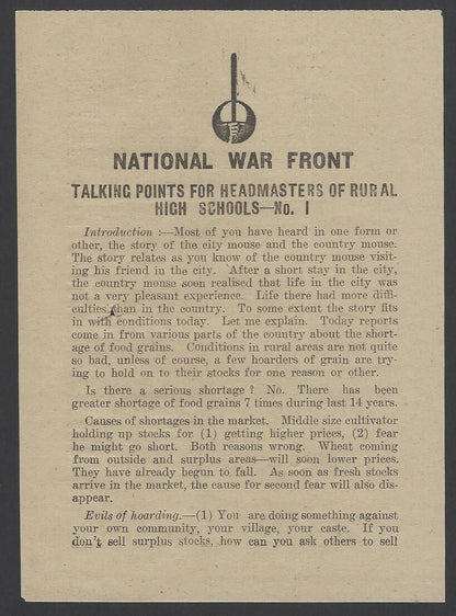 India WW2 National War Front Propaganda leaflet Talking Points for Rural Schools