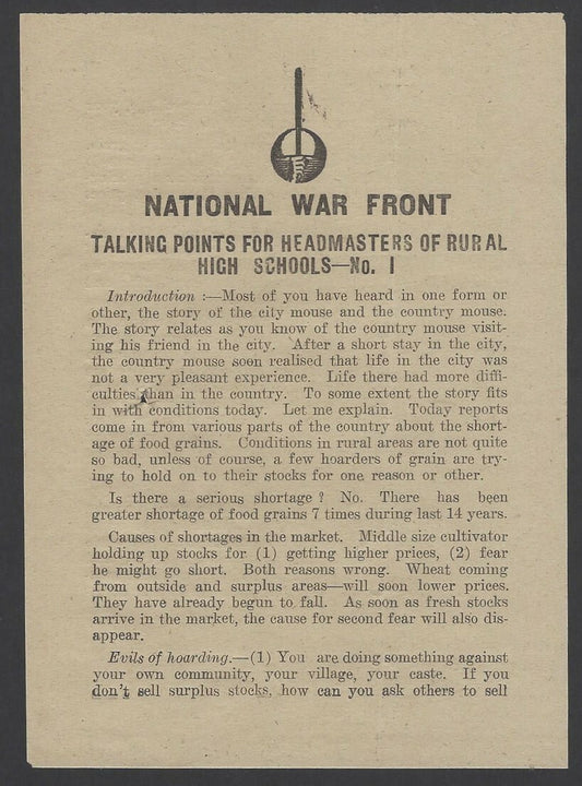 India WW2 National War Front Propaganda leaflet Talking Points for Rural Schools