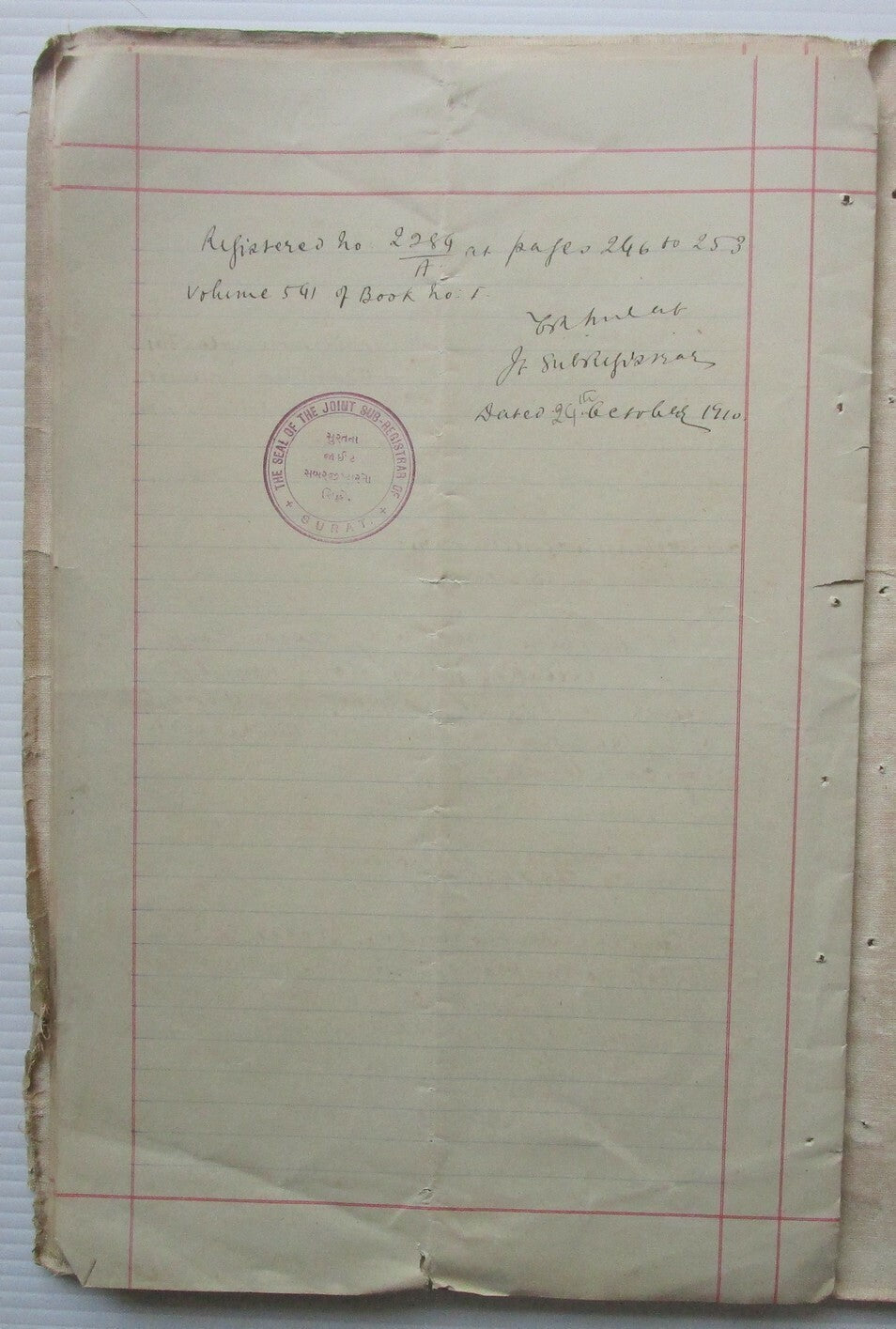 India 1910 Assignment document with Special Adhesive KEdVII 20R, 50R