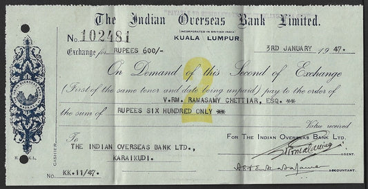 Malaya Indian Overseas Bank, Kuala Lumpur 1947 check cheque