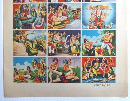 India vintage Hindu Gods Mahabharat poster with 15 panels 10" x 15"
