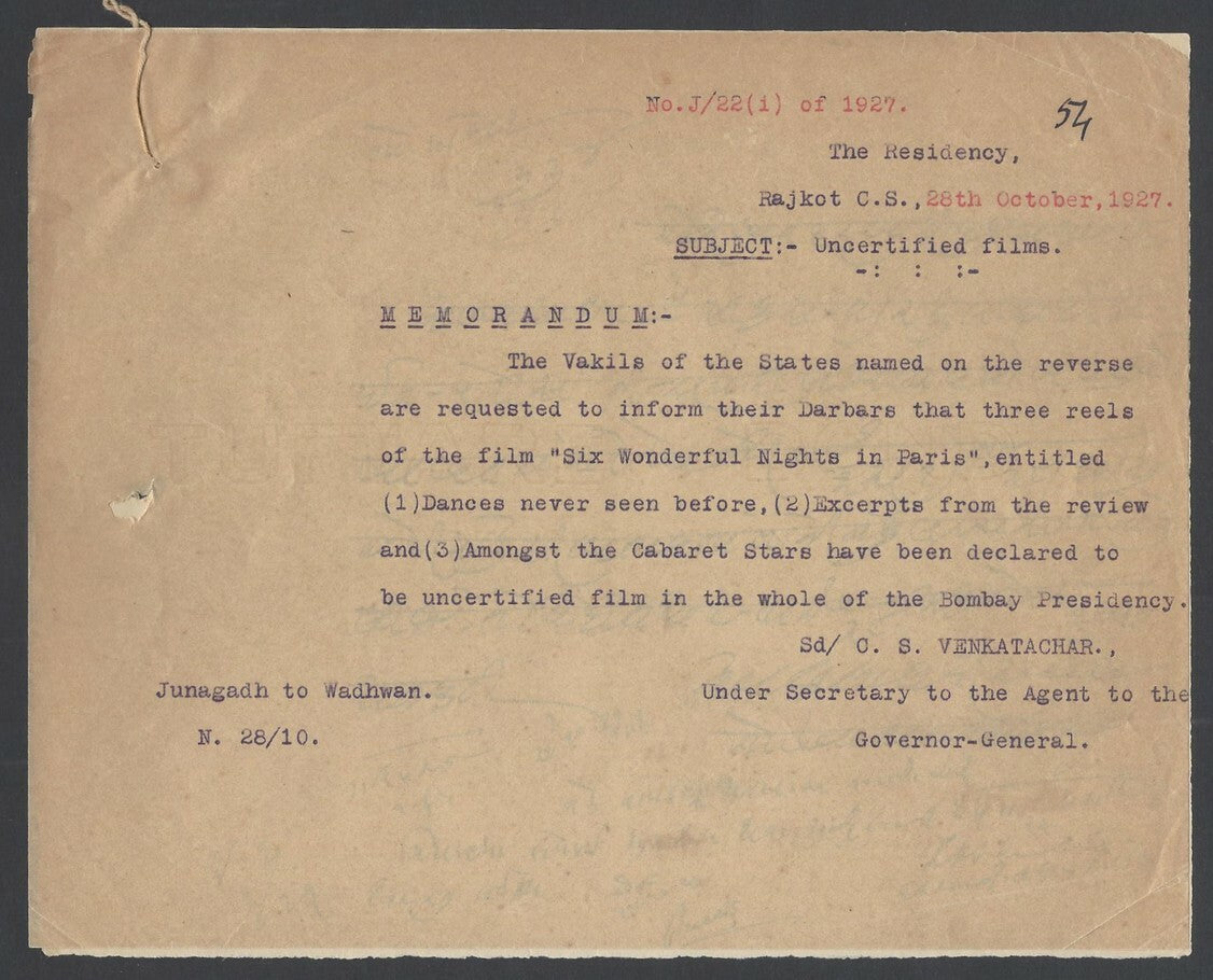 India 1927 order banning the 1925 movie SIX WONDERFUL NIGHTS IN PARIS Clara Bow