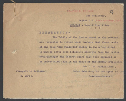 India 1927 order banning the 1925 movie SIX WONDERFUL NIGHTS IN PARIS Clara Bow